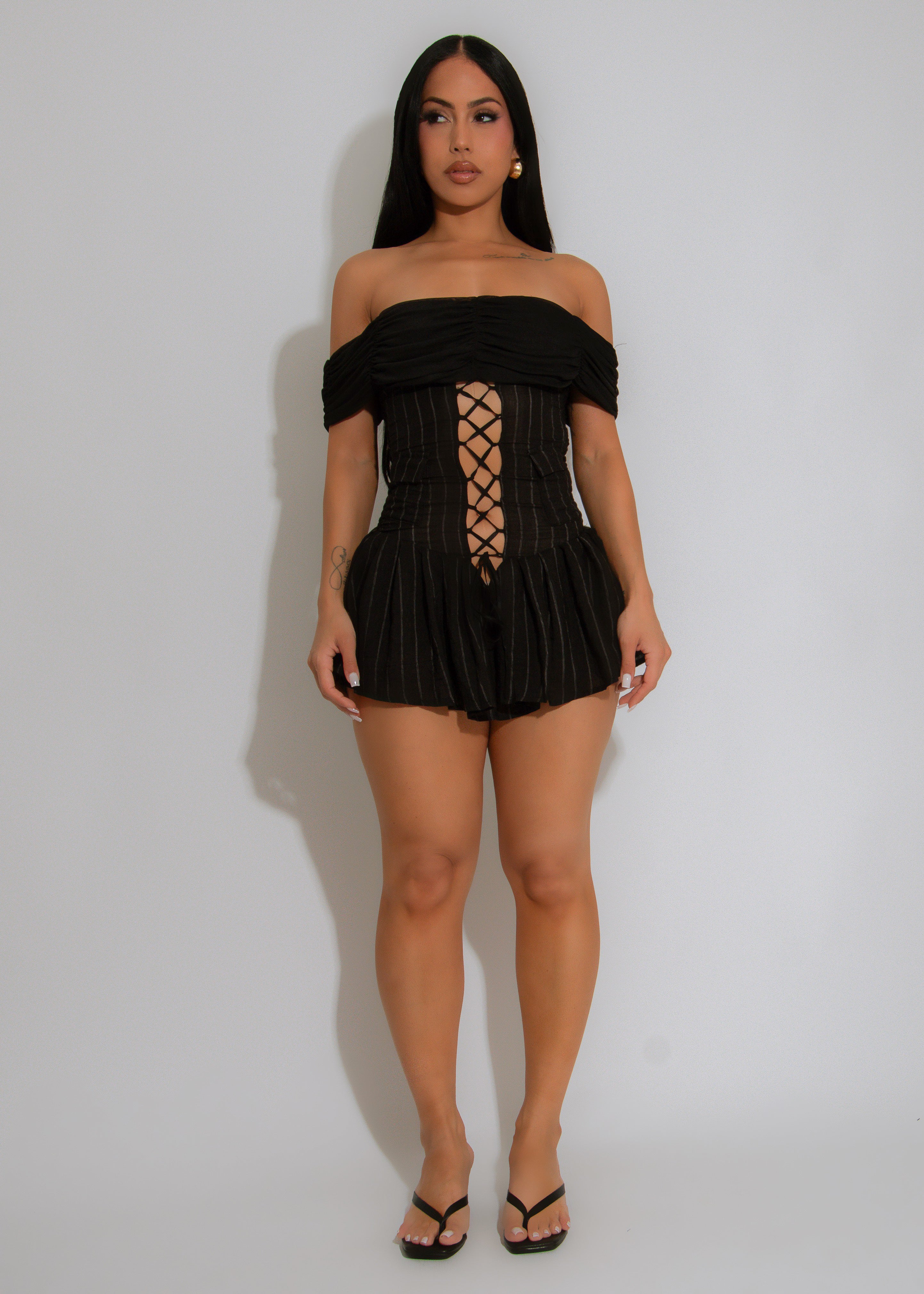 After Hours Mesh Stripes Ruched Romper Black