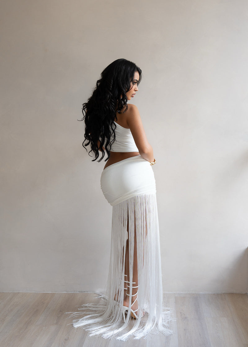 Sensuelle Command Fringes Ruched Maxi Dress White