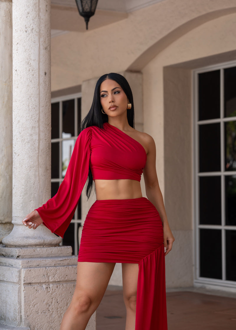 Lush Interval Ruched Skirt Set Red