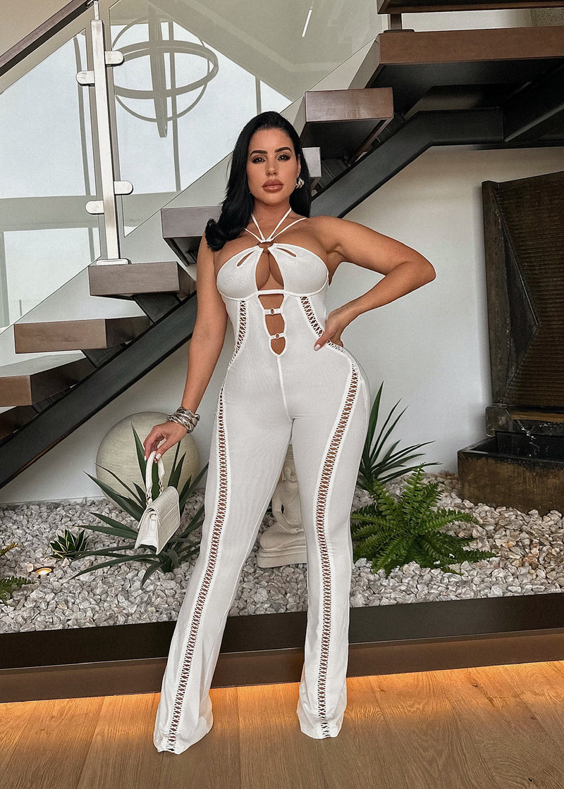 Ethereal Allure Mesh Jumpsuit White with plunging neckline and wide-leg pants
