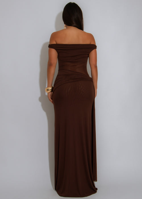 After Dusk Gown Mesh Ruched Maxi Dress Brown