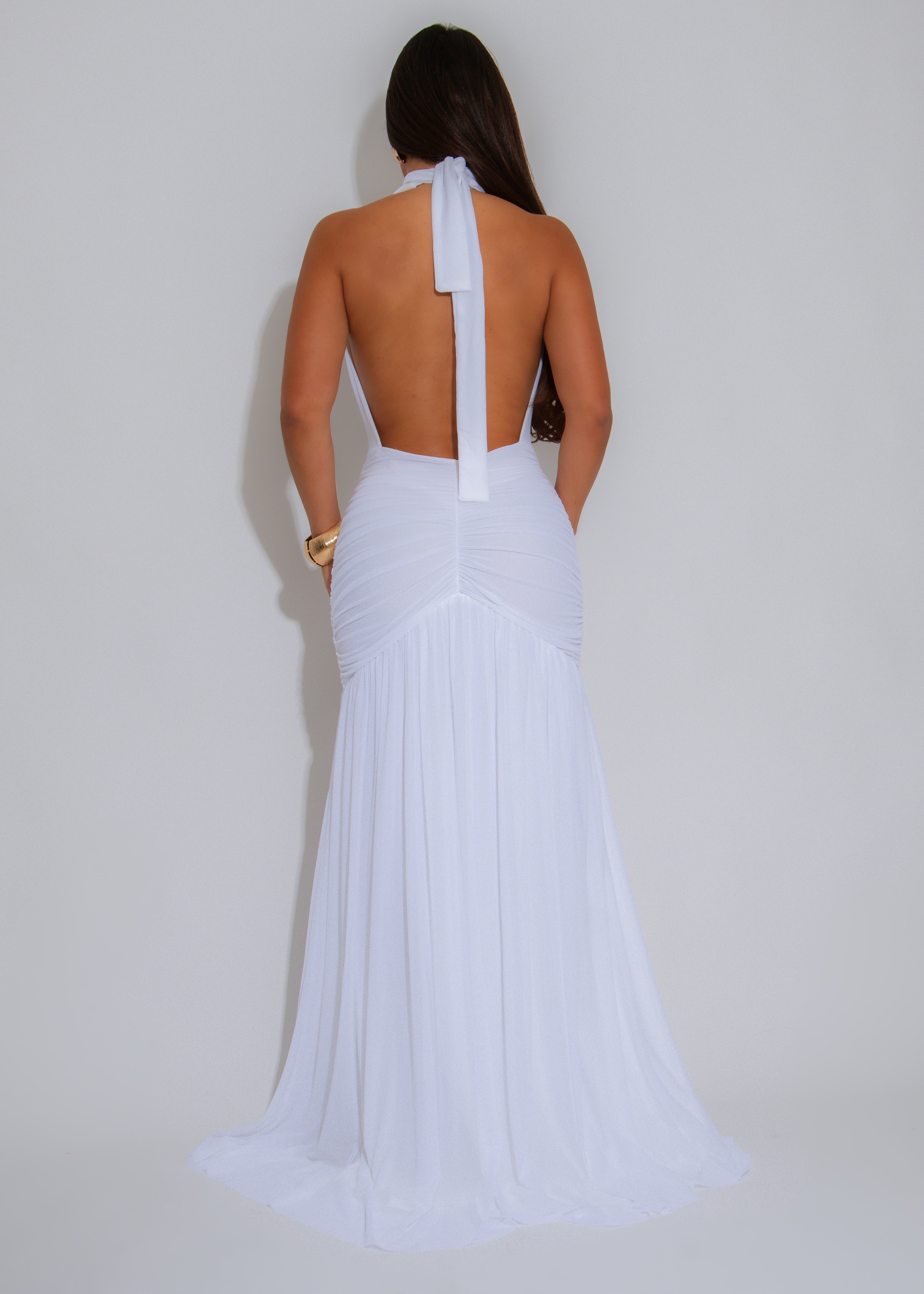 Midnight Ember Ruched Mesh Maxi Dress White