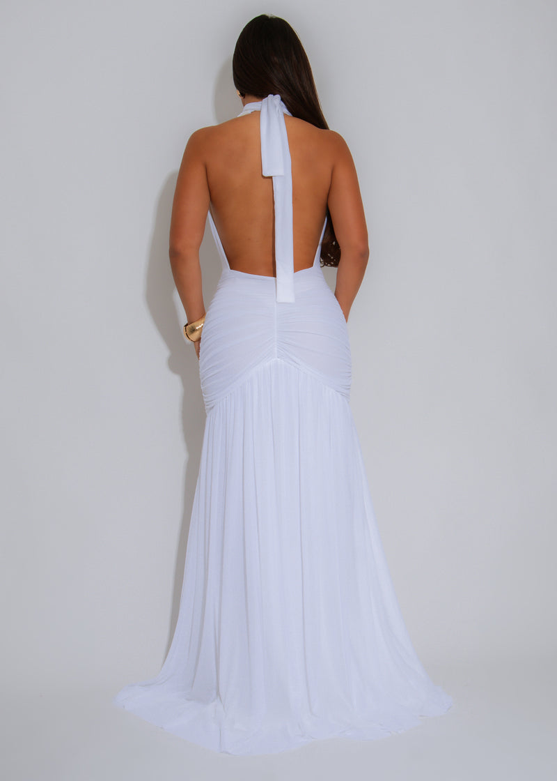 Midnight Ember Ruched Mesh Maxi Dress White