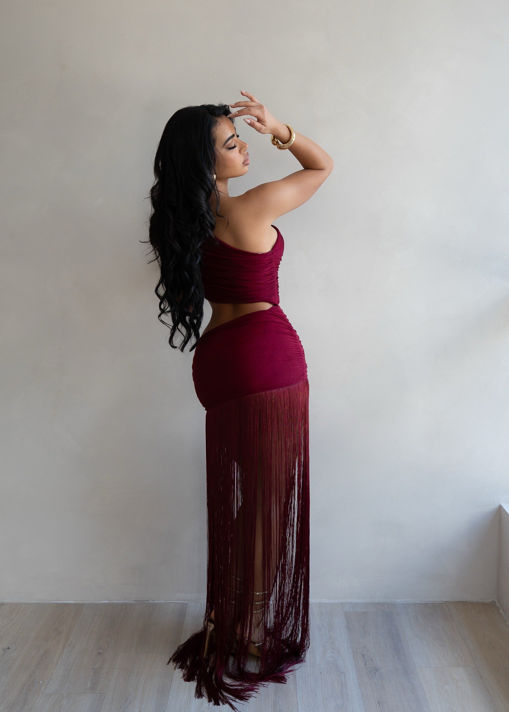 Sensuelle Command Fringes Ruched Maxi Dress Red