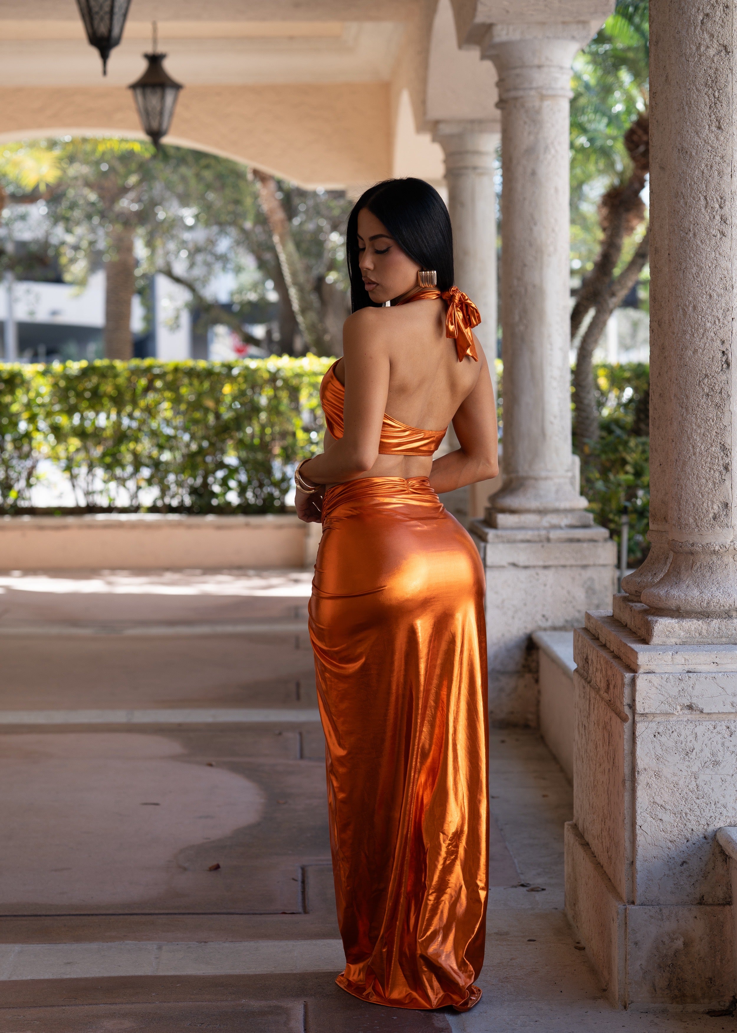 Lustrous Heat Ruched Metallic Bikini Set Orange