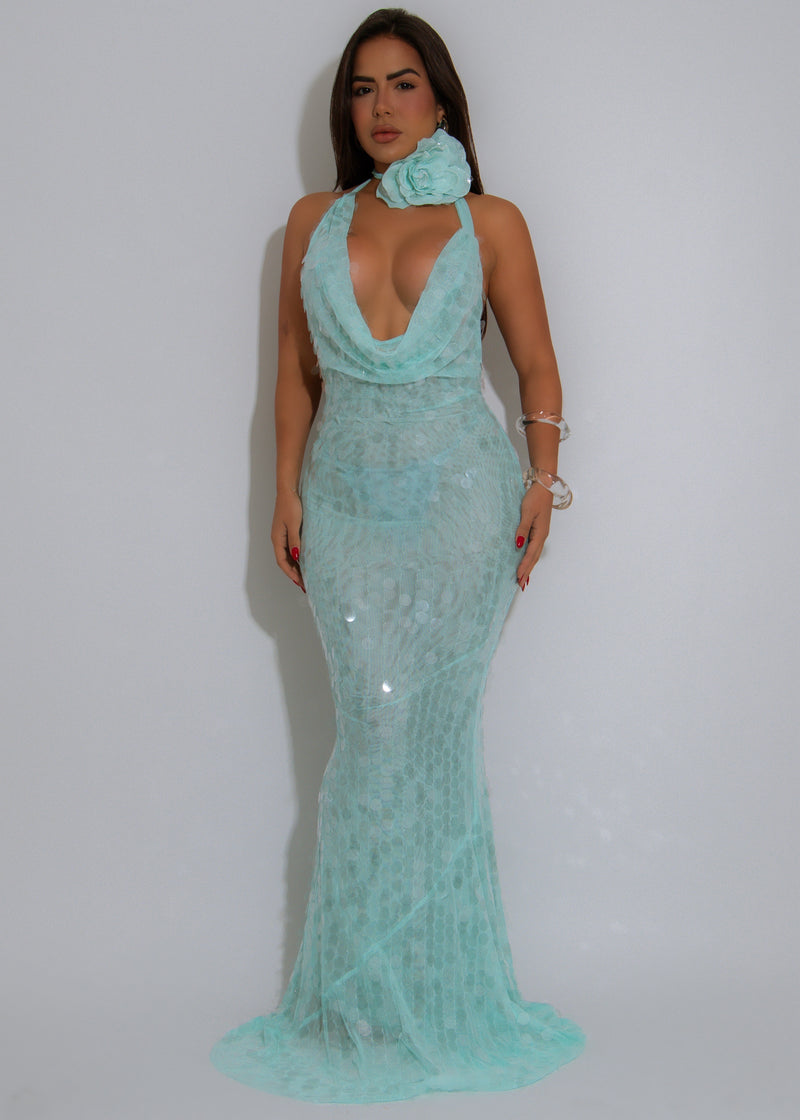 Ocean Siren Sequin Floral Mesh Maxi Dress Green