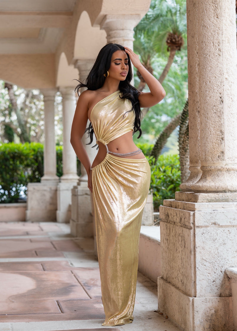 Obsession Ruched Maxi Dress Gold