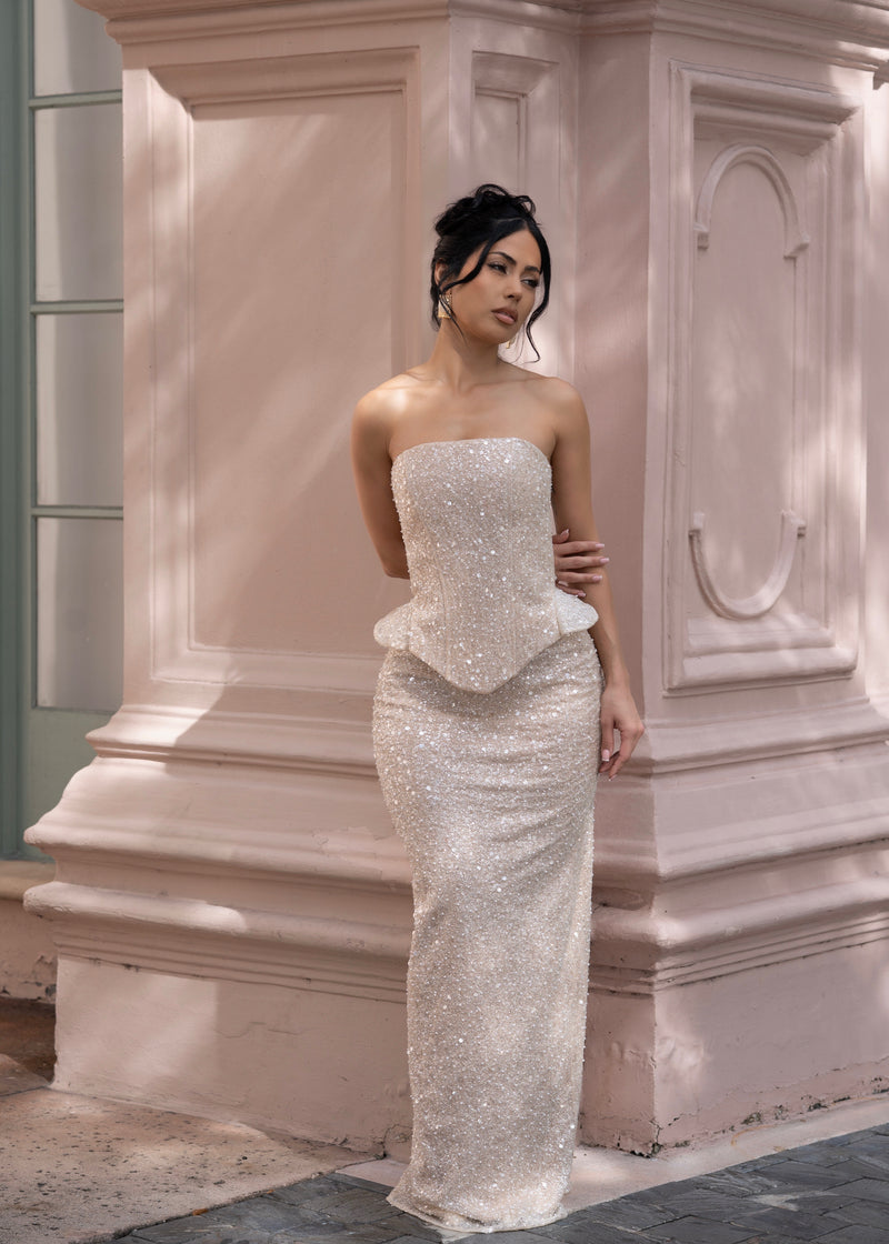 Dreamline Gleam Sequin Pearl Skirt Set Nude