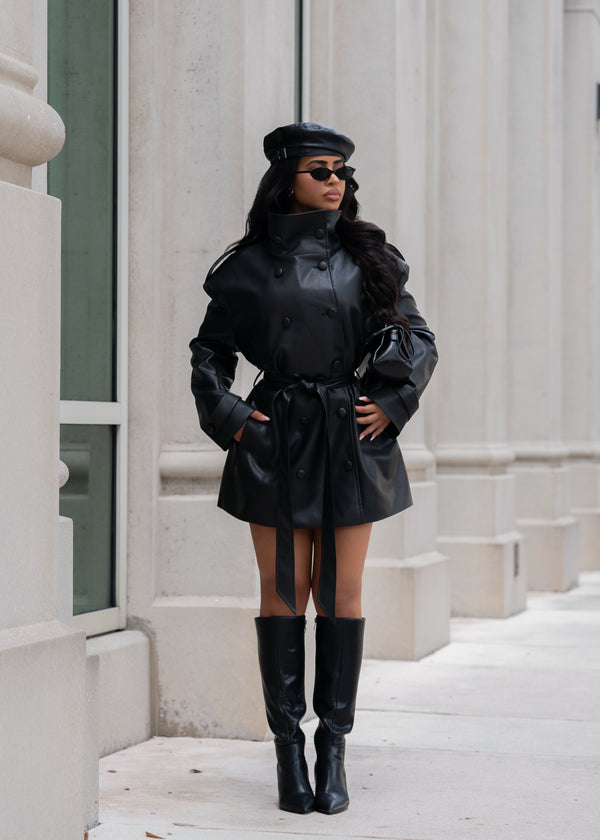Sinful Intentions Faux Leather Mini Coat Dress Black