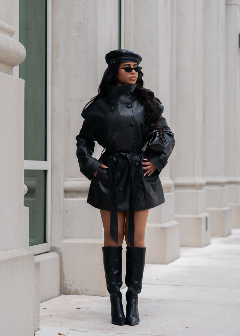Sinful Intentions Faux Leather Mini Coat Dress Black