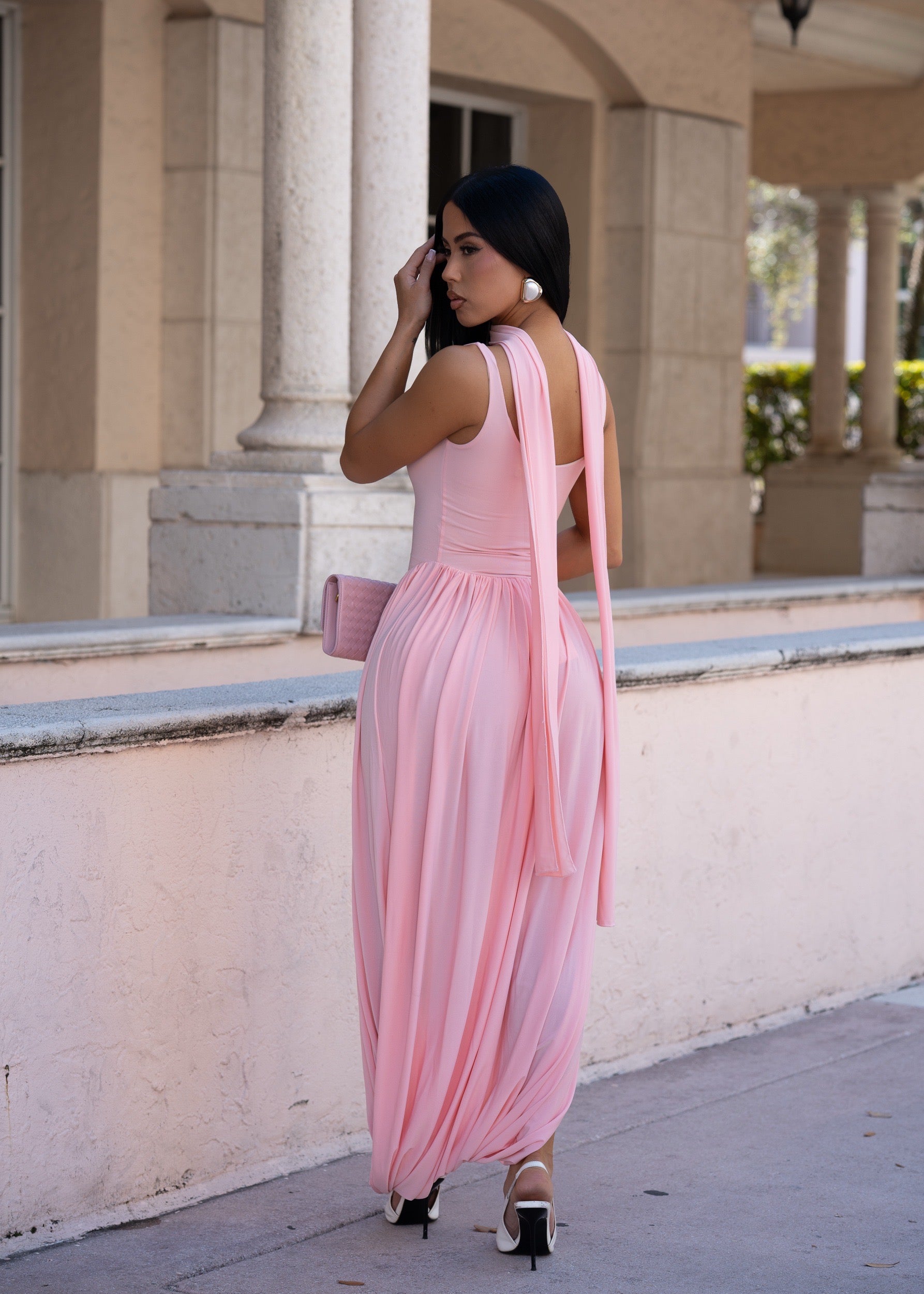 Seducción Celestial Ruched Maxi Dress Pink