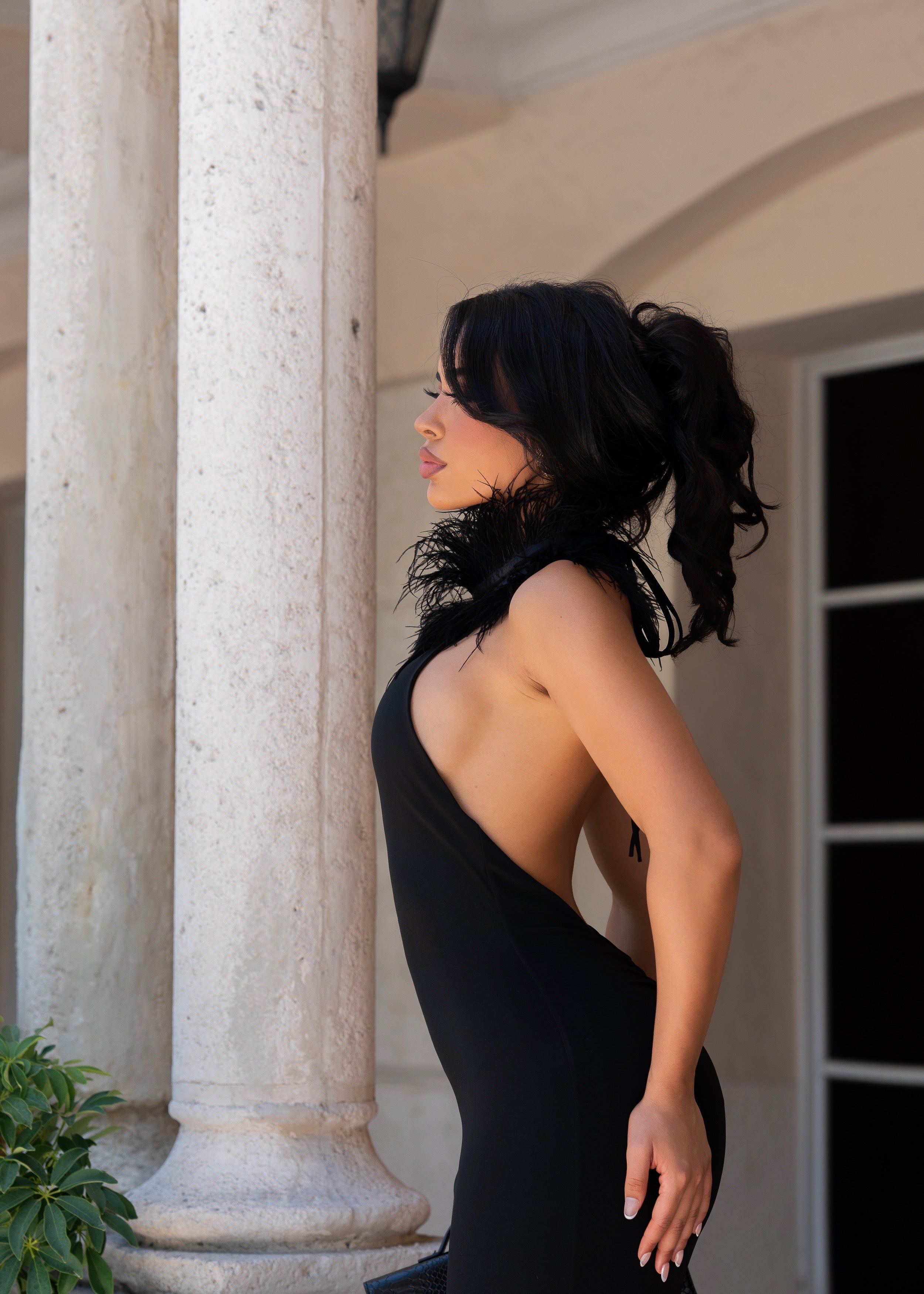 Private Desire Feather Trim Midi Dress Black