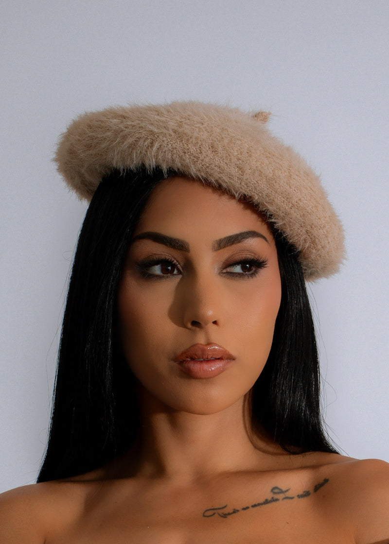Clear As Day Fuzzy Beret Nude, a stylish and soft accessory for a cozy winter look