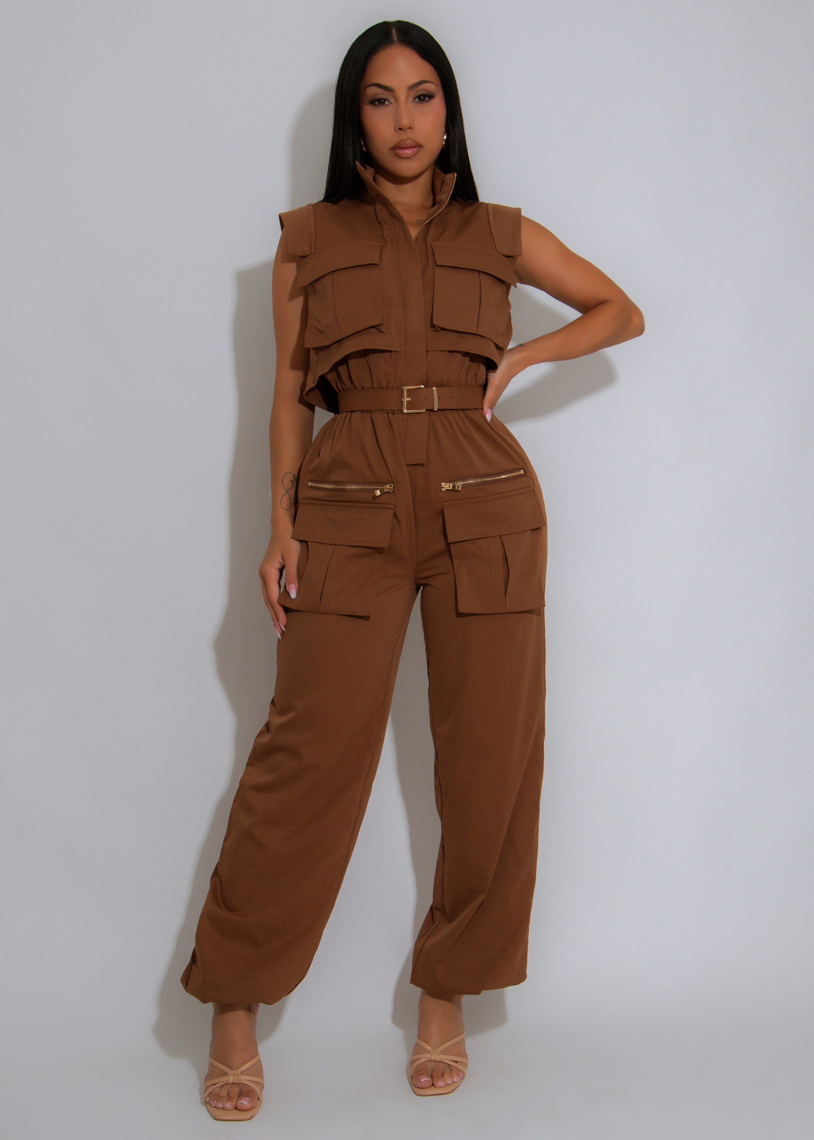 Forgive The Night Ruched Cargo Jumpsuit Brown