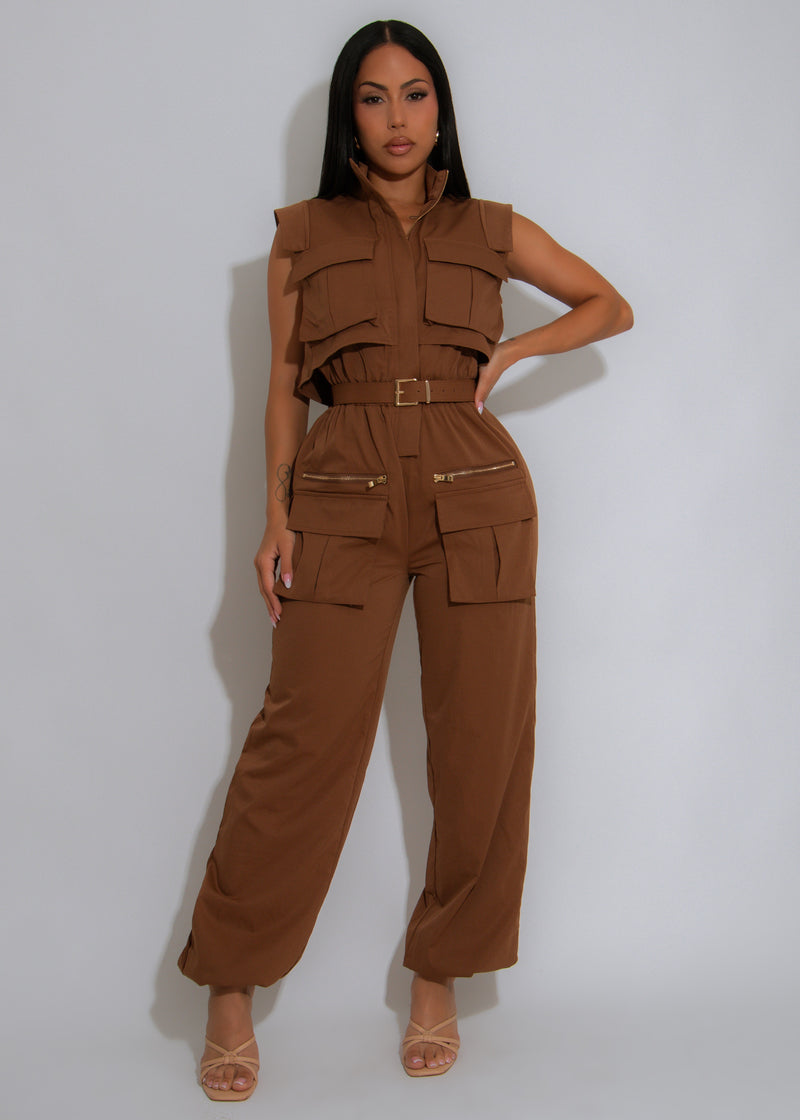 Forgive The Night Ruched Cargo Jumpsuit Brown