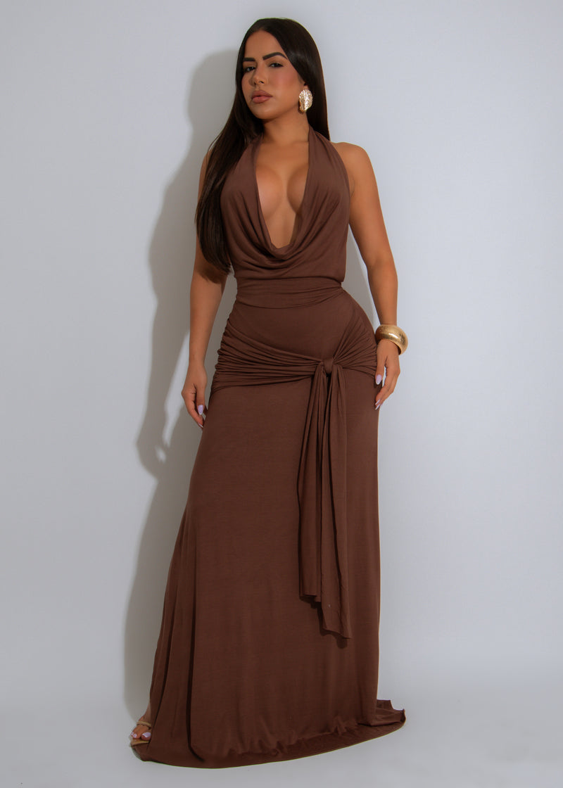 Sienna Drape Ruched Maxi Dress Brown