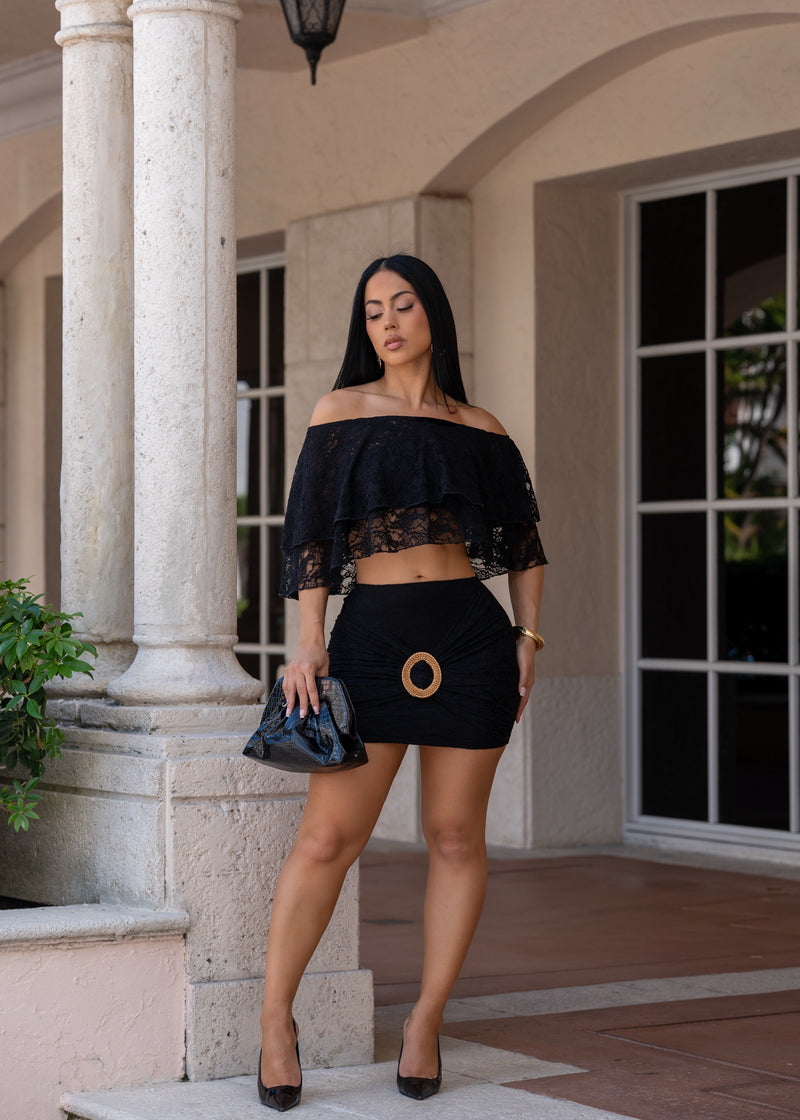 Sweet Floral Lace Sensation Skirt Set Black