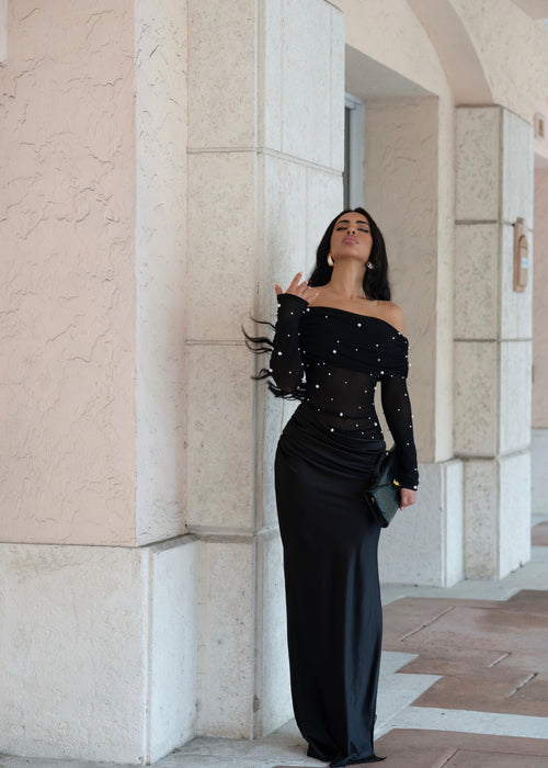 Aurora Shroud Pearl Mesh Satin Maxi Dress Black