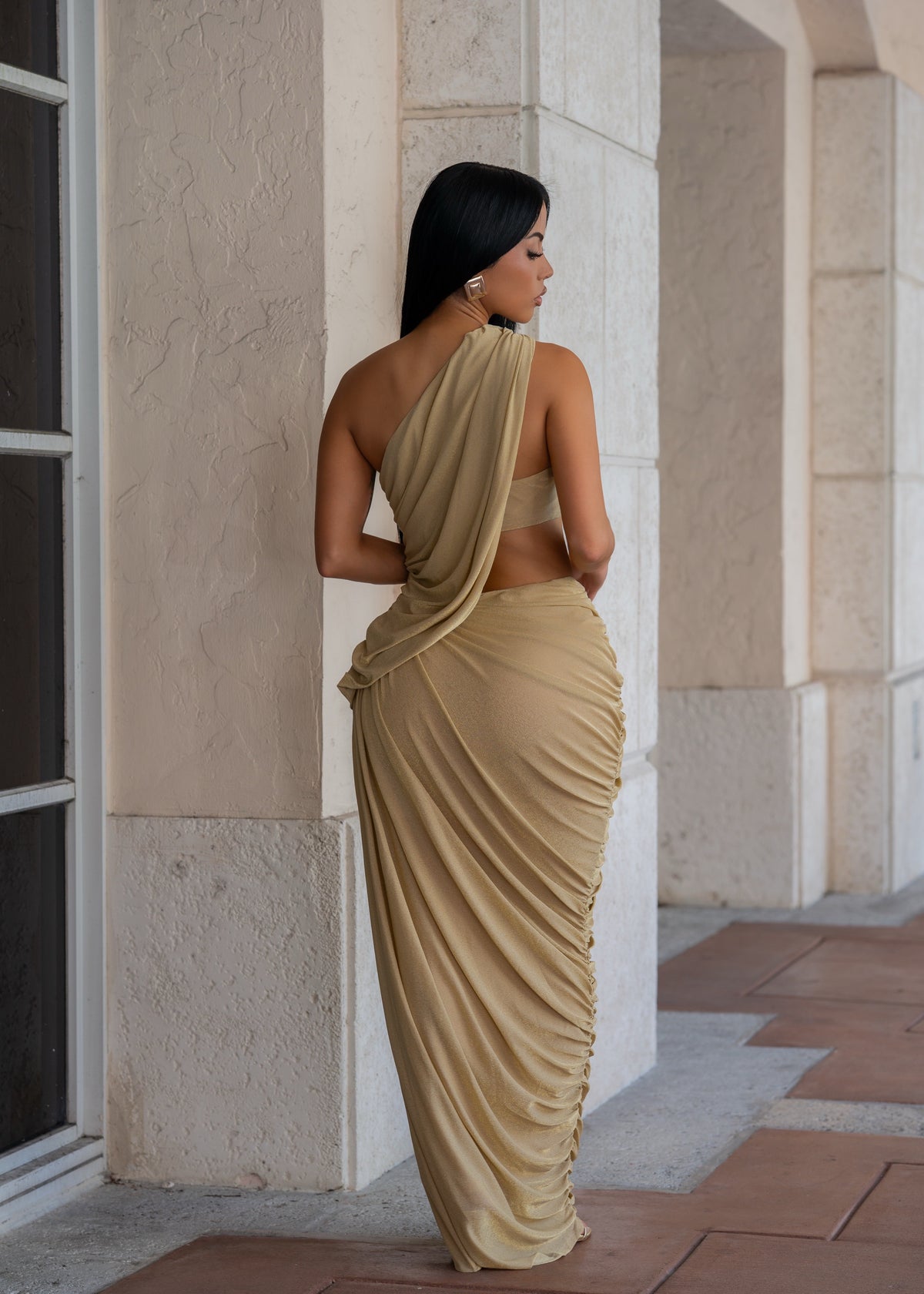 Gilded Hour Draped Ruched Maxi Dress Gold