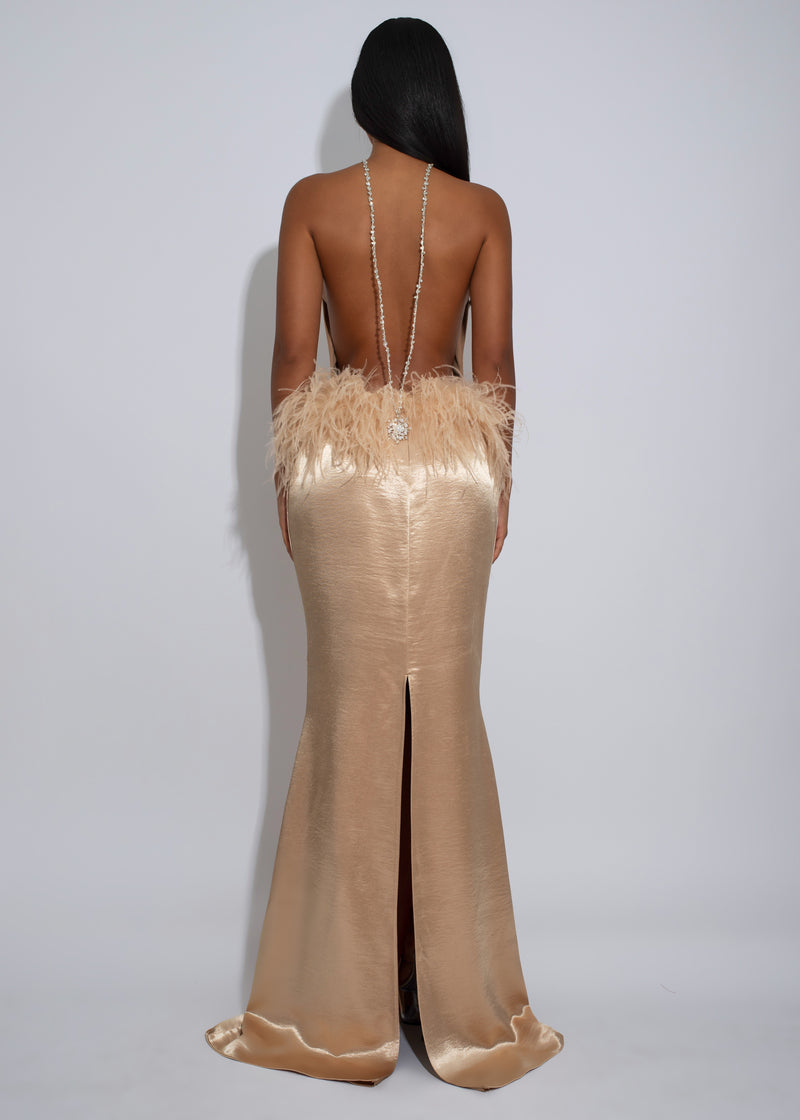 Moonlit Reverie Satin Rhinestone Maxi Dress Gold