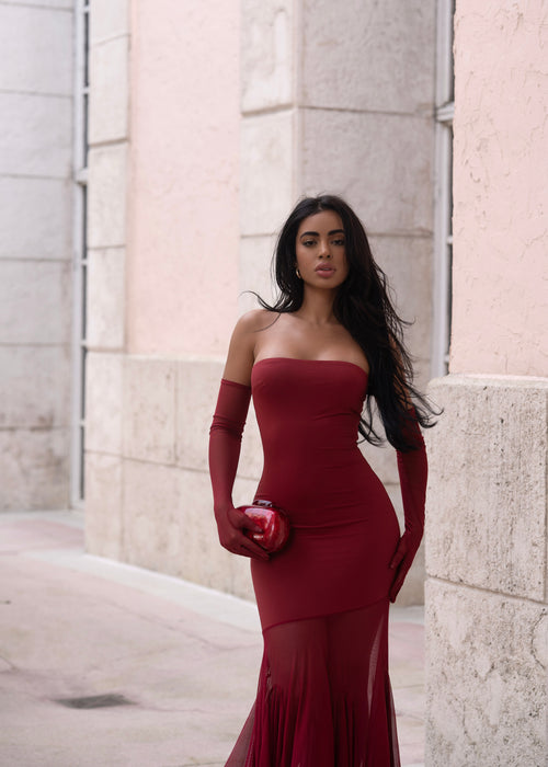 Sheer Motion Mesh Maxi Dress Red