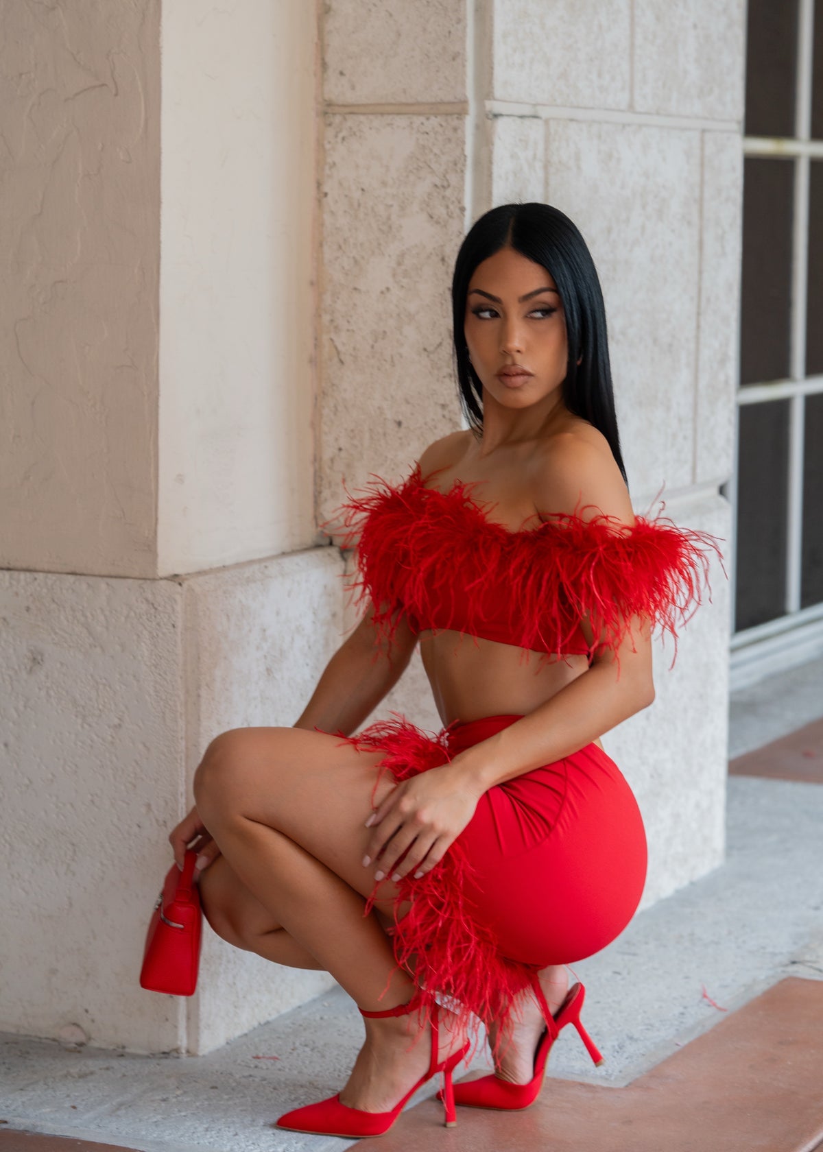 After Hours Feather Skirt Set Red