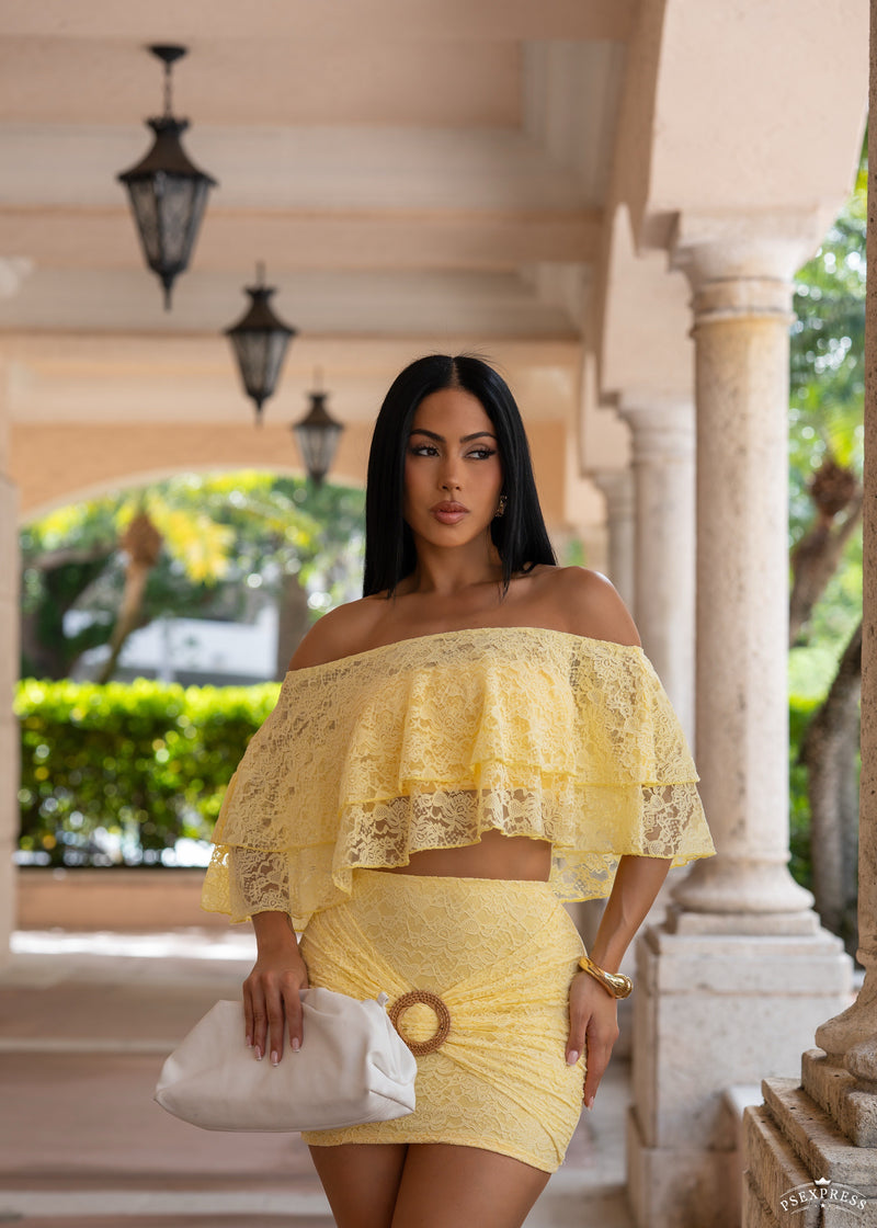 Sweet Floral Lace Sensation Skirt Set Yellow