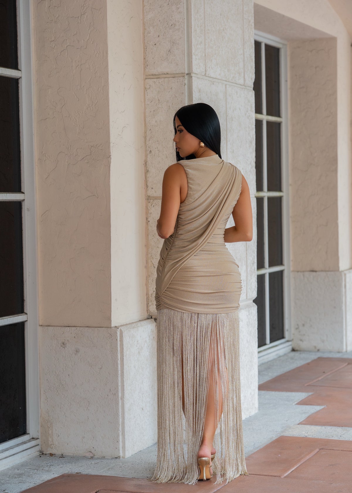 Midnight Sins Ruched Fringe Maxi Dress Gold