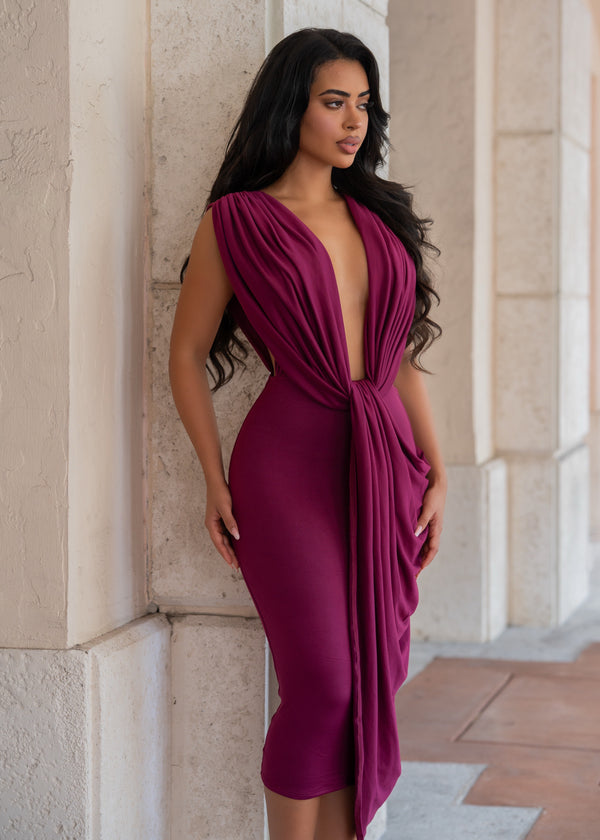 Undone Desire Ruched Midi Dress Burgundy