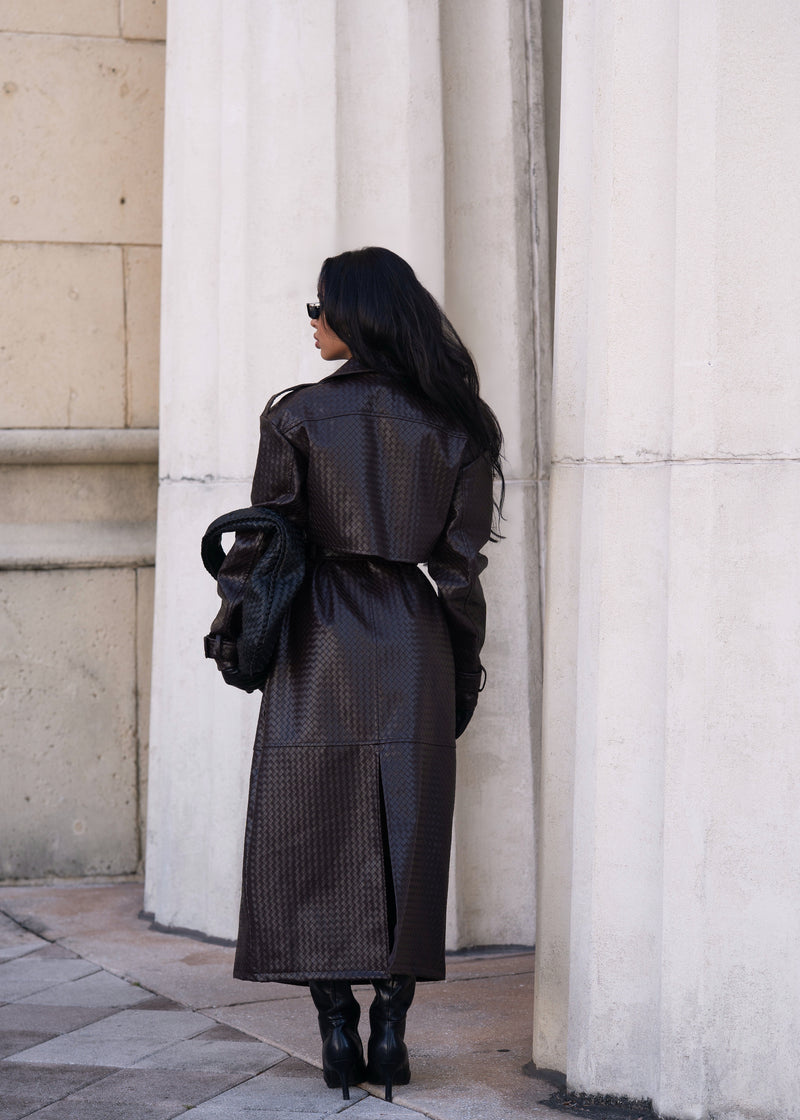 High Rise Woven Leather Coat Brown