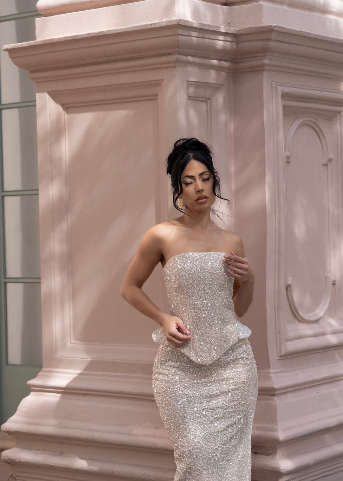 Dreamline Gleam Sequin Pearl Skirt Set Nude