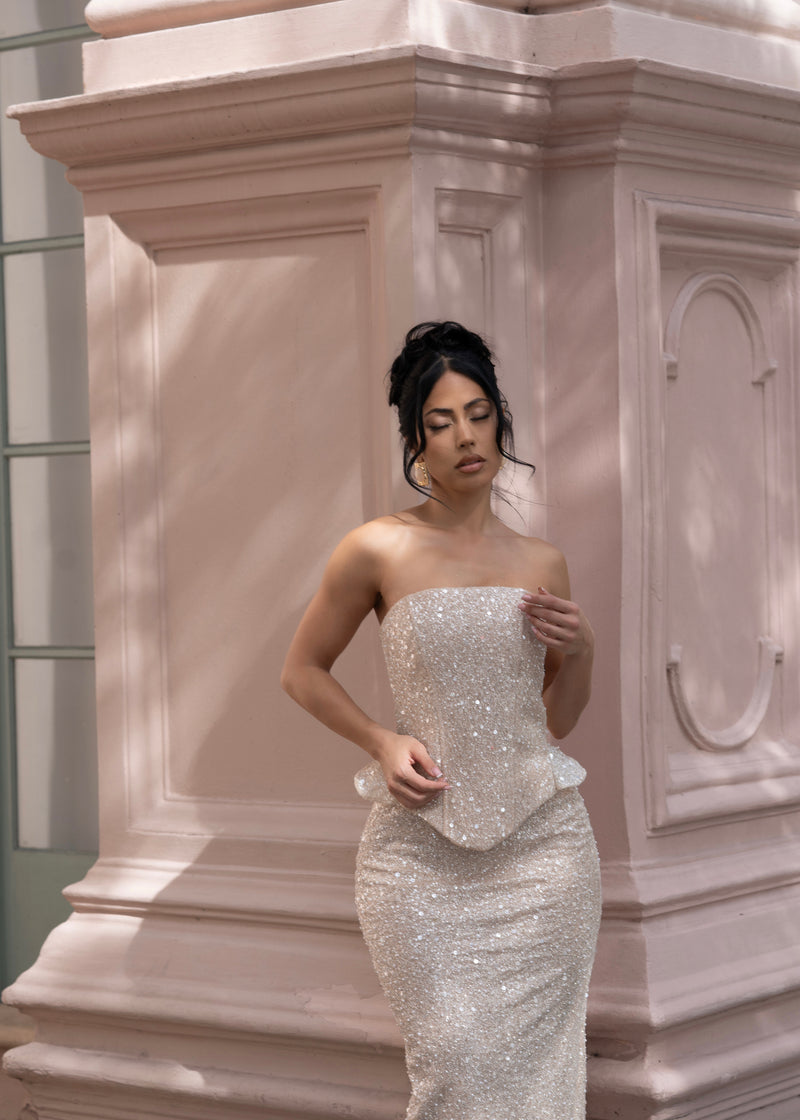 Dreamline Gleam Sequin Pearl Skirt Set Nude
