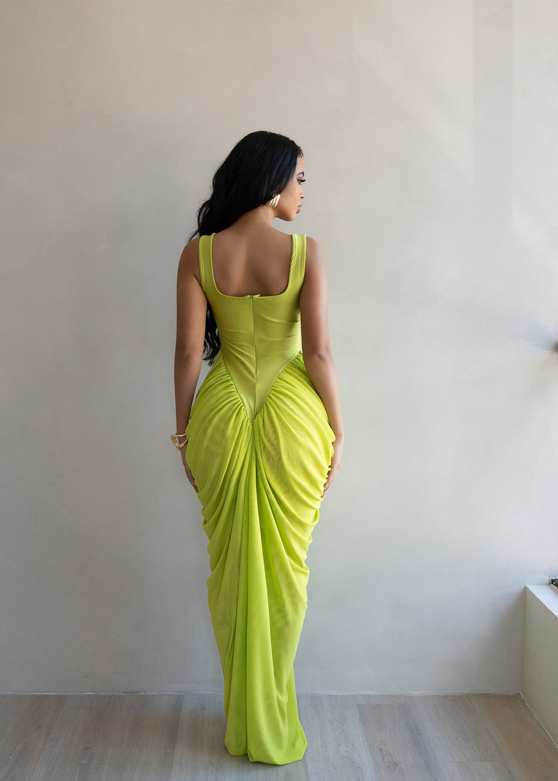 Code of Obsession Ruched Mesh Maxi Dress Green