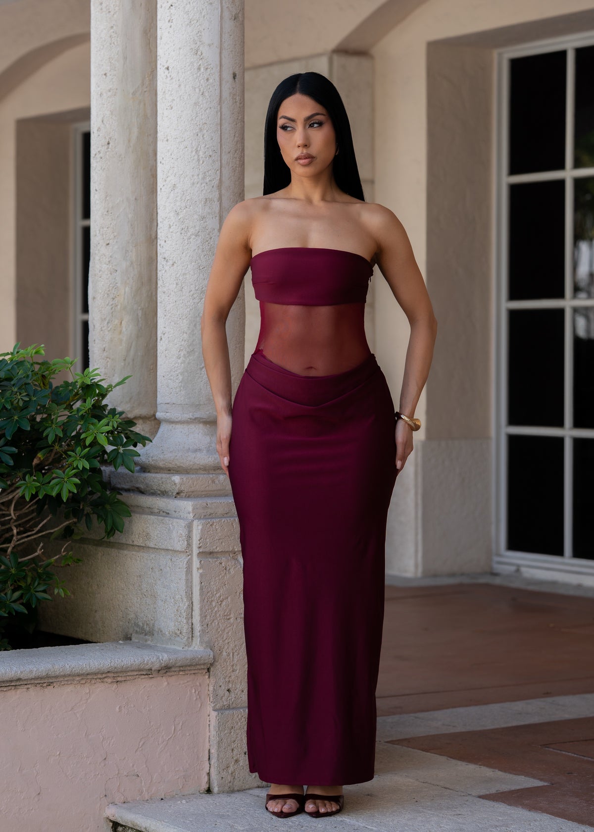 Unspoken Elegance Ruched Mesh Maxi Dress Red