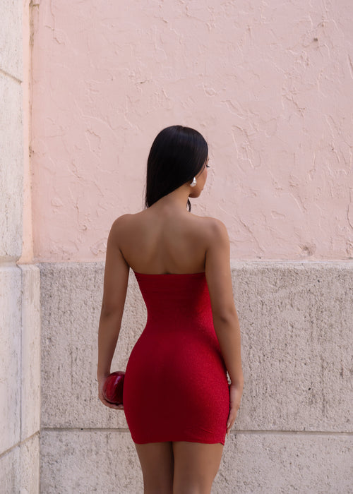 Voltage Curve Glitter Ruched Mini Dress Red