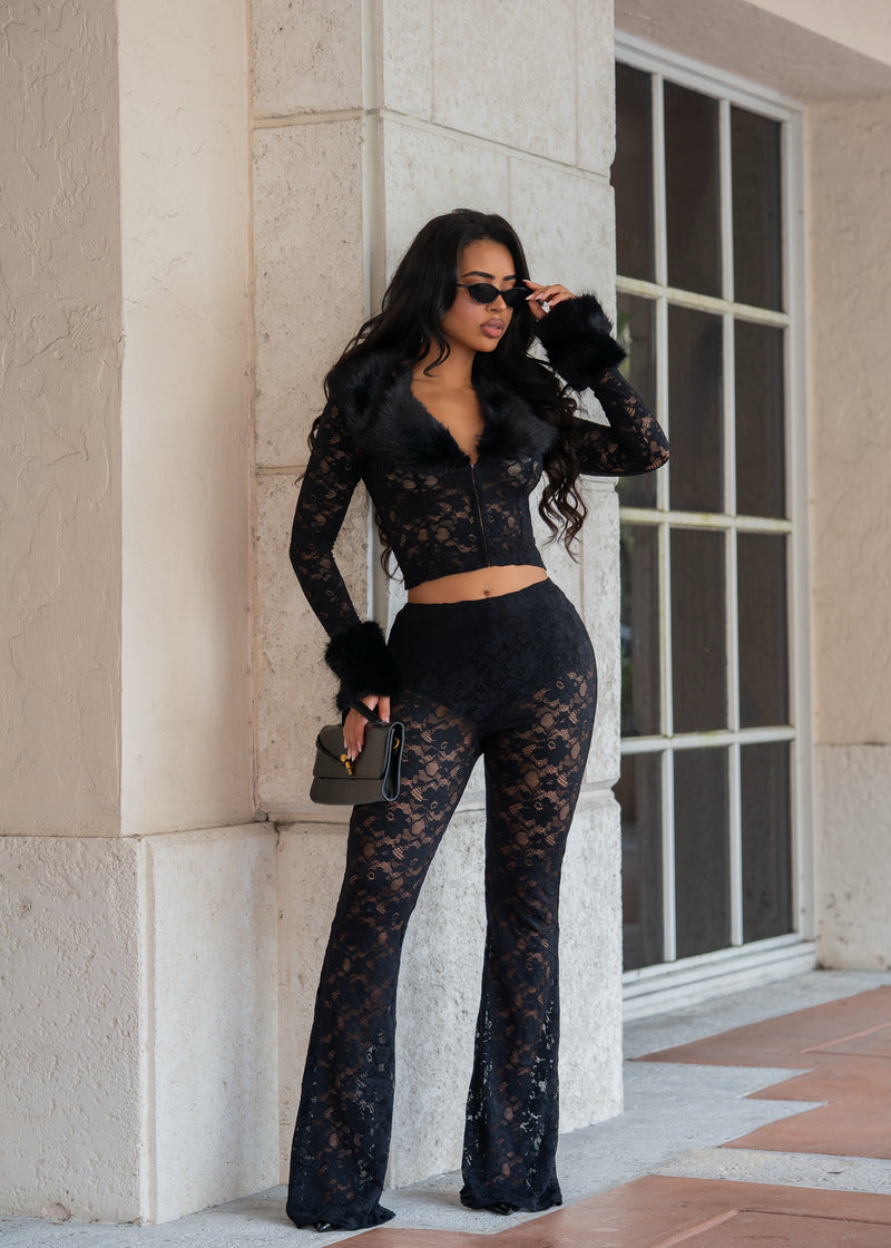 Crystal Fable Lace Faux Fur Pant Set Black
