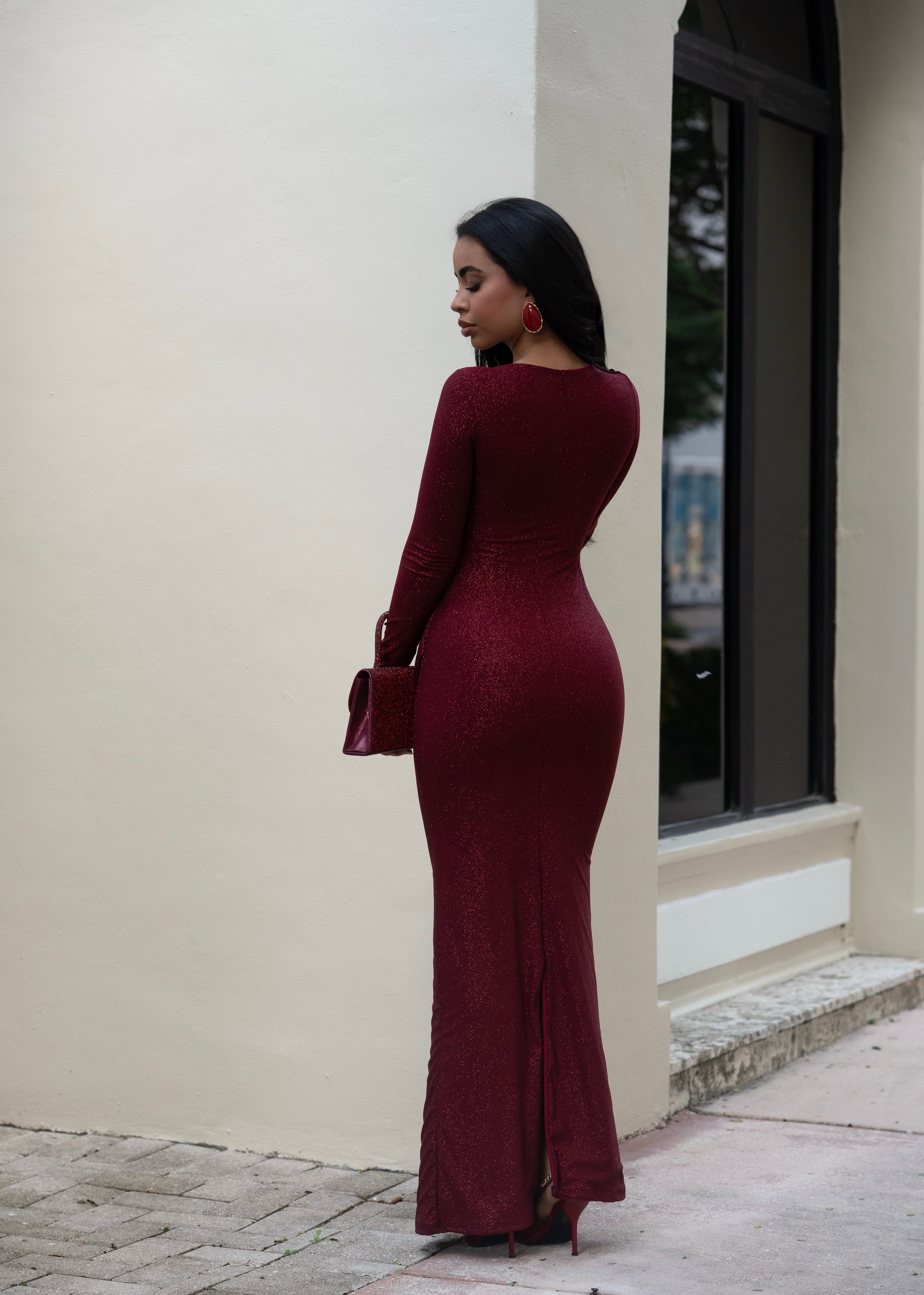 Fatebound Grace Ruched Glitter Maxi Dress Red