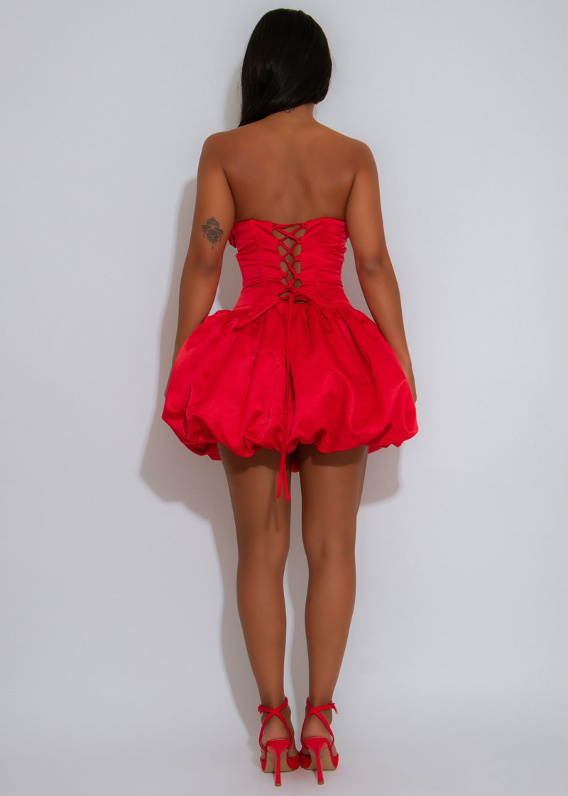 Rosette Romance Floral Satin Ruched Mini Dress Red