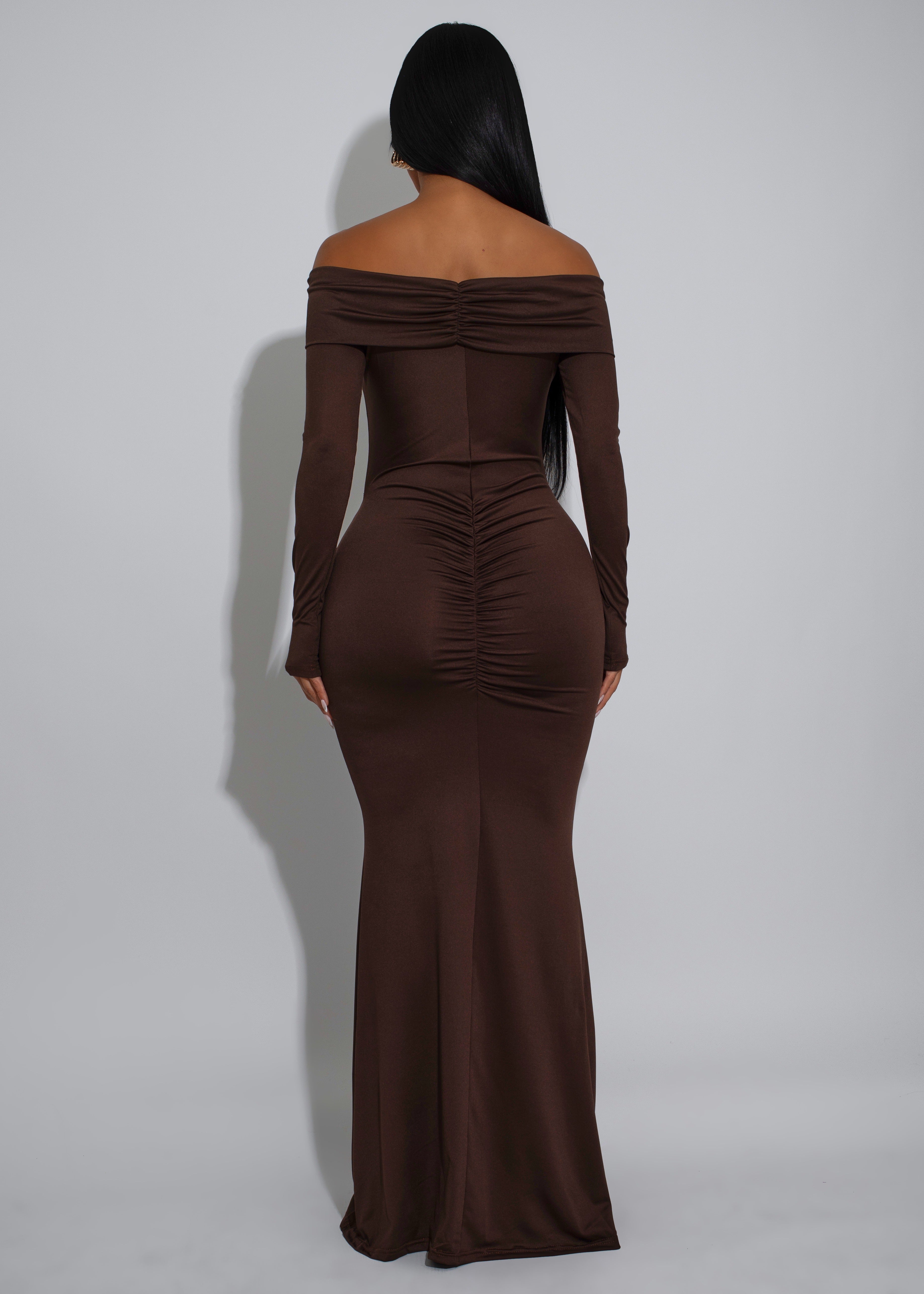 Lustrous Dream Ruched Maxi Dress Brown
