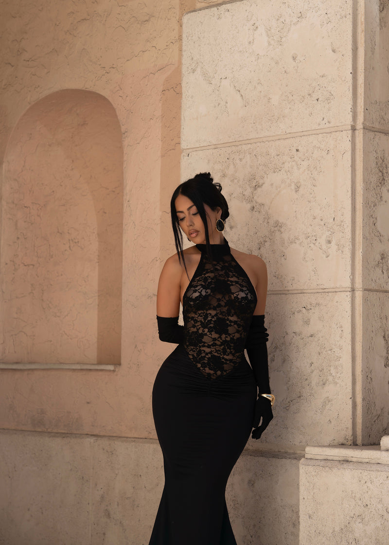 Ritual Allure Lace Ruched Maxi Dress Black