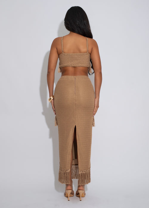 Bohemian Dynasty Knit Pearl Maxi Dress Nude