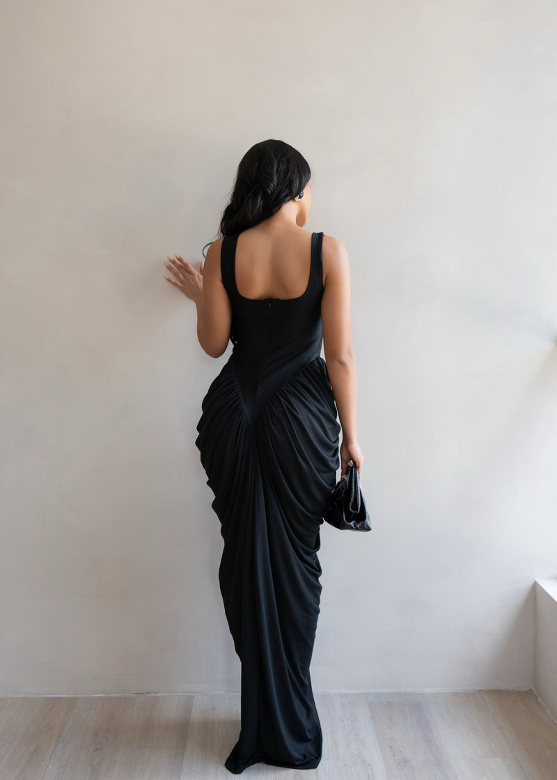 Code of Obsession Ruched Mesh Maxi Dress Black