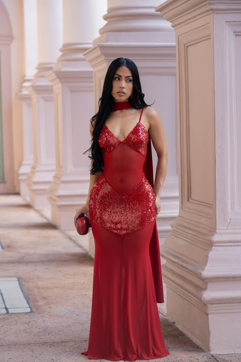 Allure Veil Sequin Mesh Maxi Dress Red