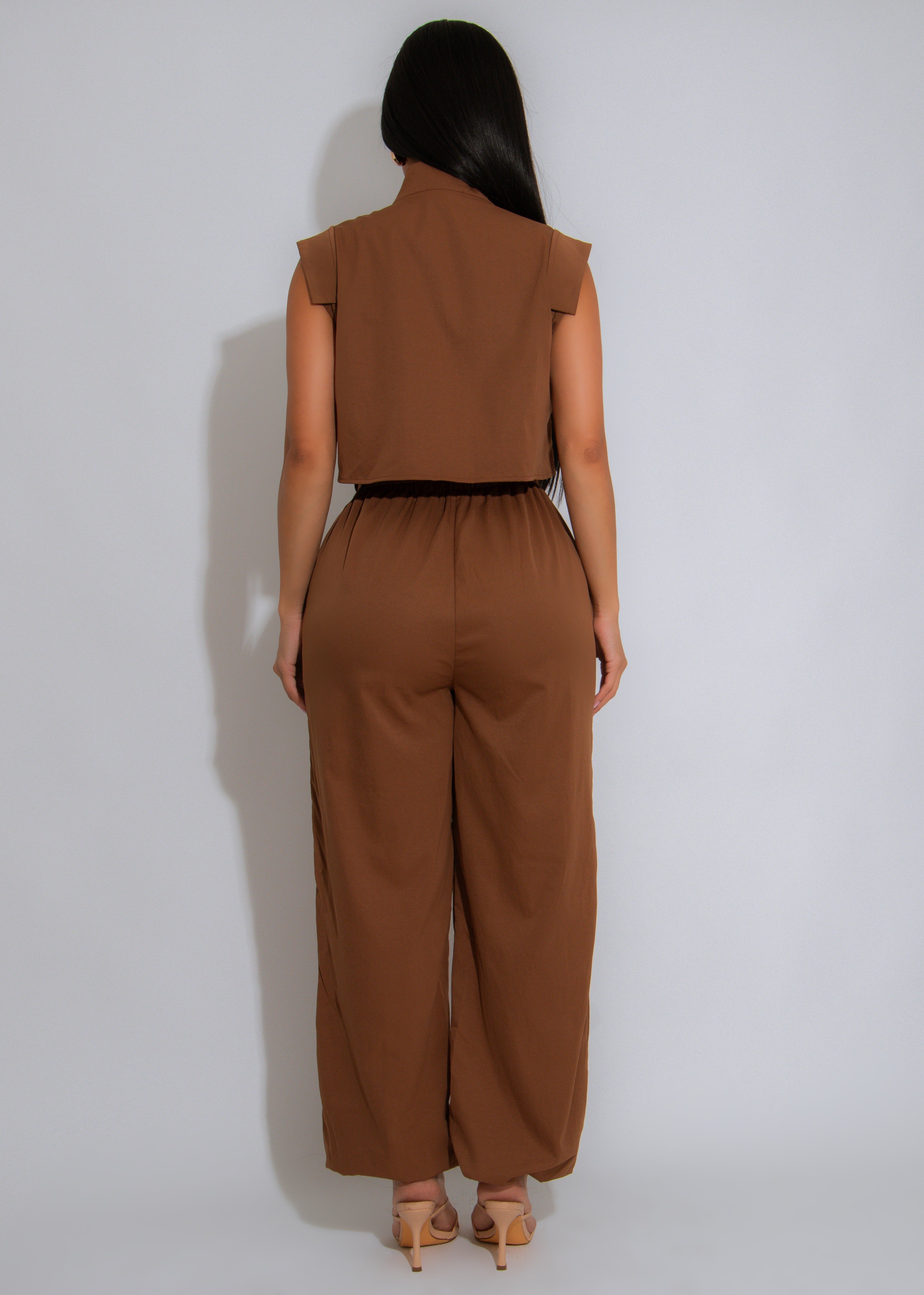 Forgive The Night Ruched Cargo Jumpsuit Brown