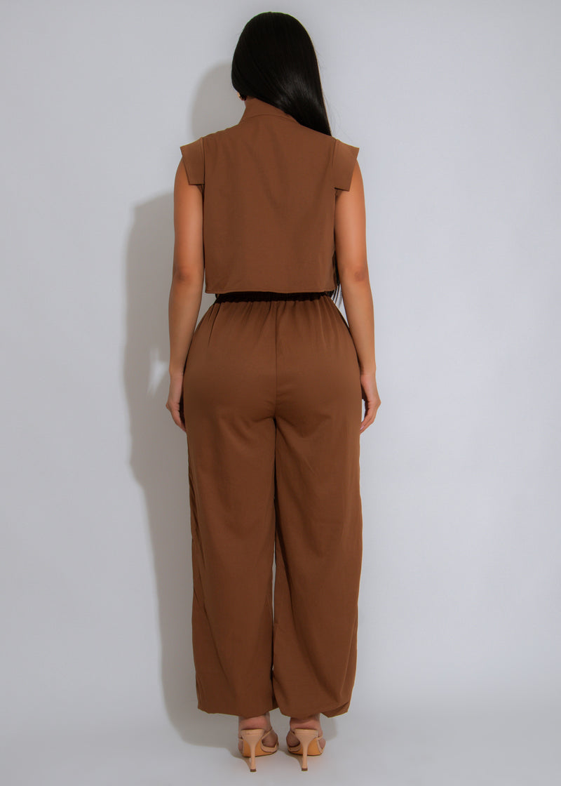 Forgive The Night Ruched Cargo Jumpsuit Brown