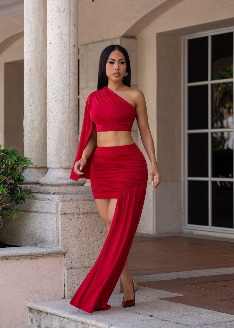 Lush Interval Ruched Skirt Set Red