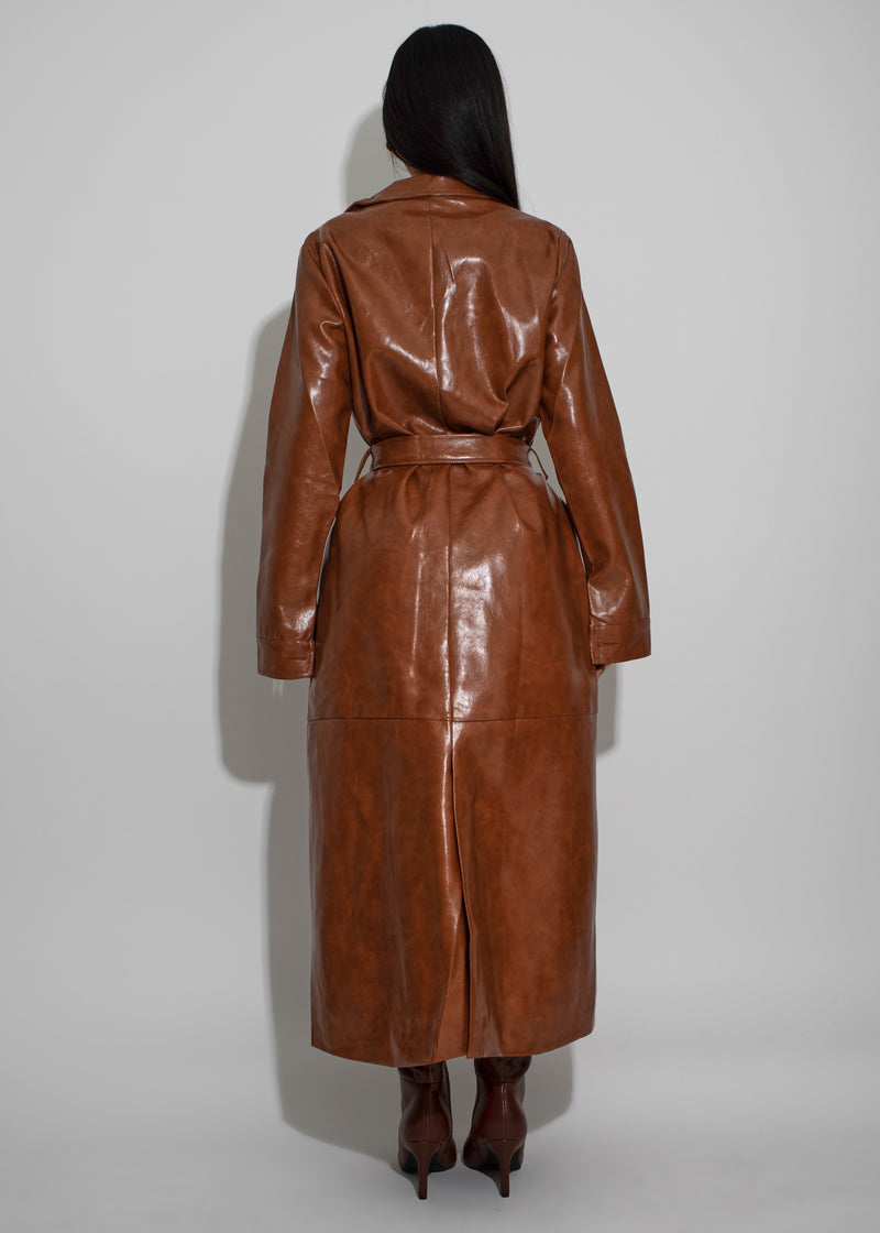 Obsidian Luxe Faux Leather Coat Brown
