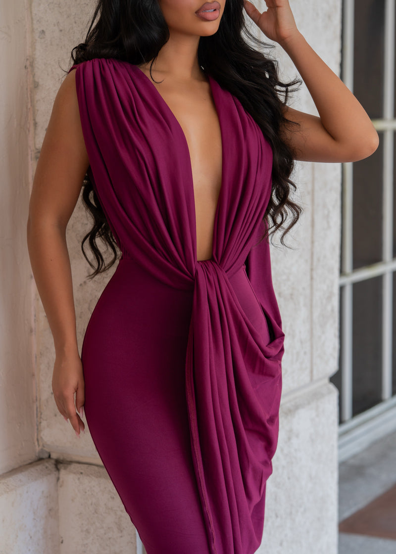 Undone Desire Ruched Midi Dress Burgundy