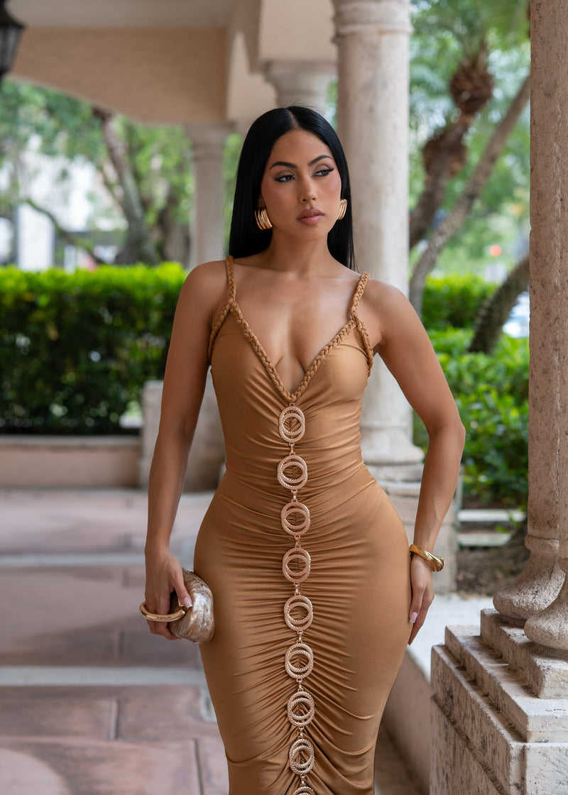 Feels Like Karma Ruched Maxi Dress Brown