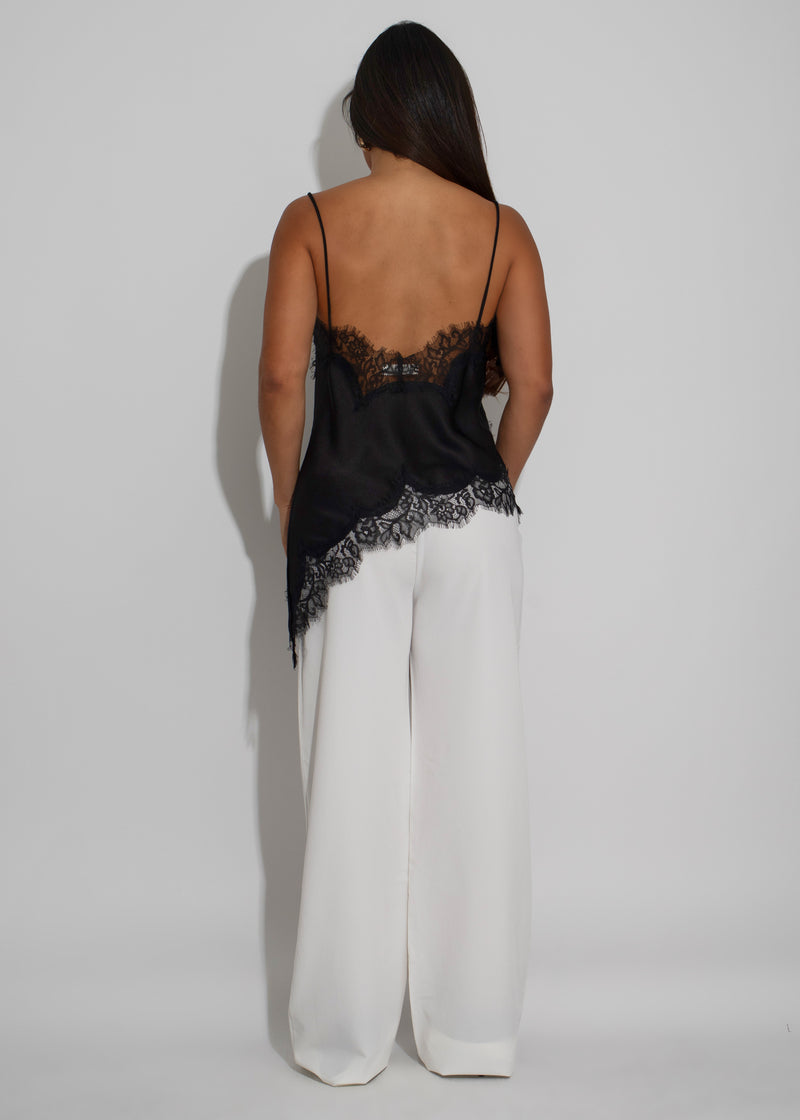 Whispered Elegance Satin Lace Long Top Black